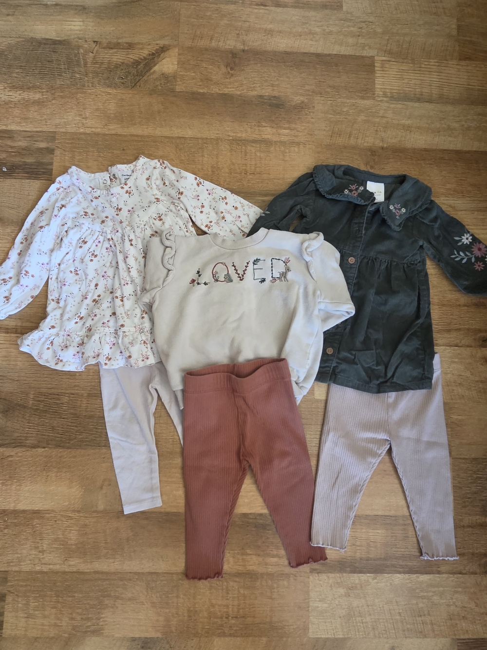 Toddler Floral & Embroidered Lot with Ribbed Leggings - Pink, Green, Cream